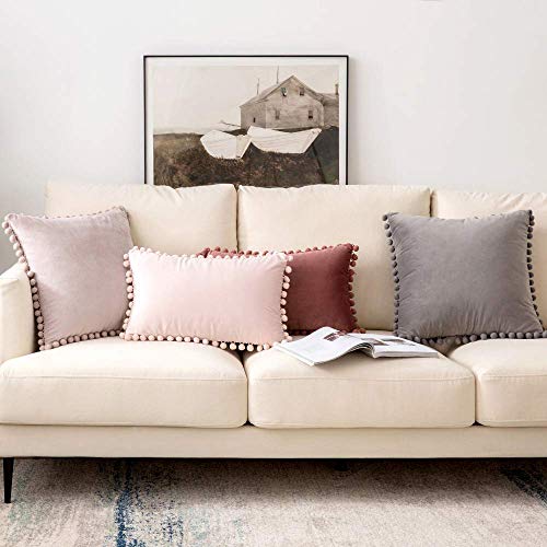 Woaboy Decorative Pillow Covers 12X20 Pink Throw Pillows Pack Of 2 Cozy Soft Pom-Poms Velvet Couch Pillow Covers Home Decor For Farmhouse Cushion Sofa Bedroom #TOP4