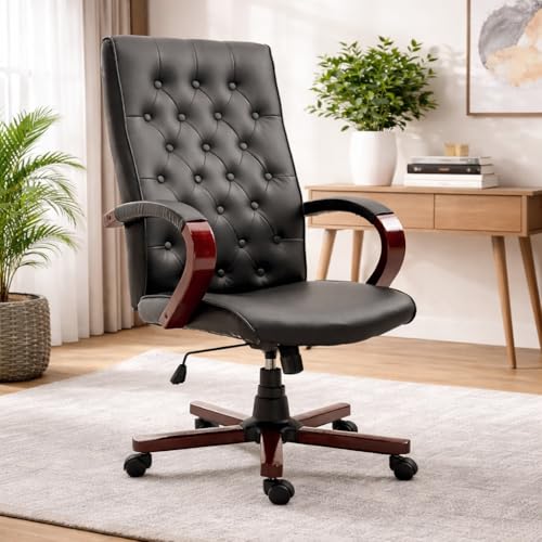 Image of High Back PU Leatherette Office Chair Director & Executive Chair Handle & Wooden WheelBase Height Adjustable & Revolving Chair Hand Crafting Desgin Modern Office Chair
