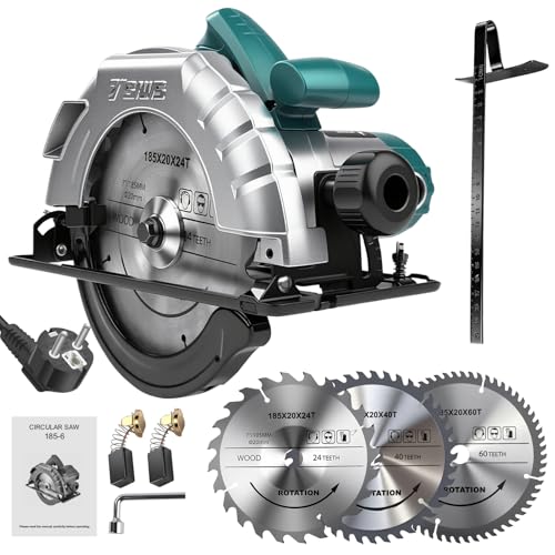 YUMILI 1200W Kreissäge, Handkreissäge 5200RPM, Max. Schnitttiefe 60 mm (90°) - 45 mm (45°), Hartmetallsägeblätter 185 mm 24T/40T/60T, Variable Geschwindigkeit für Holz, Weichmetall, Plastik, PVC
