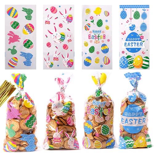 50 Pièces Sachet Pâques Bonbons, Sachets Transparents pour Biscuits Lapins œufs Colorés Poussins, Sacs Cellophane avec Attaches Sachet pour Chocolat...
