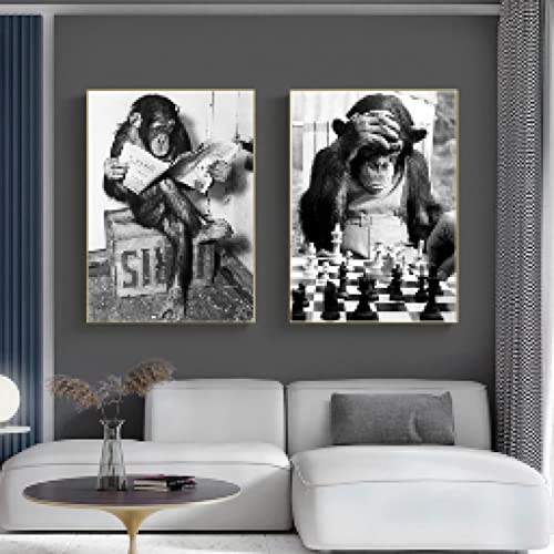 Tableau singe jouant aux échecs pour décoration salon moderne
