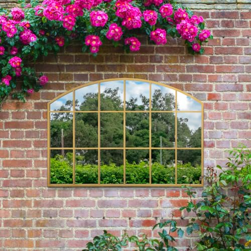 MirrorOutlet The Arcus - Gold Framed Modern Arched Garden Wall Window Mirror 43 X 29 (110CM X 75CM) Silver Mirror Glass with Black All weather Backing.…
