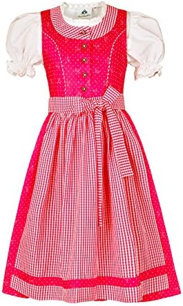 Set Dirndl Bambina 3 Pezzi Fanny – Abito Tradizionale A Quadretti Rosa Con Camicetta E Grembiule – Taglia 164cm