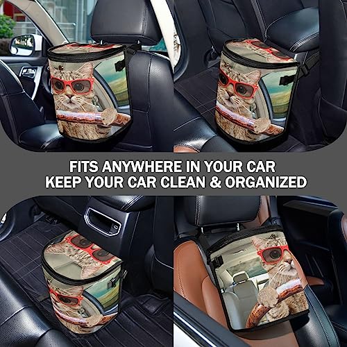 Image of Fun Cute Cat Driving Car Trash Can Car Garbage Bag with Lid Hanging Waterproof Leak Proof Vehicle Storage Bin