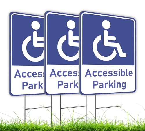 Set of 3 Double Sided 12x16 Inches "Accessible Parking" Plastic Sign with Metal H-Stakes - Reserved Spaces for Handicap Permit Vehicles - Restricted Parking for Vehicles with Authorization