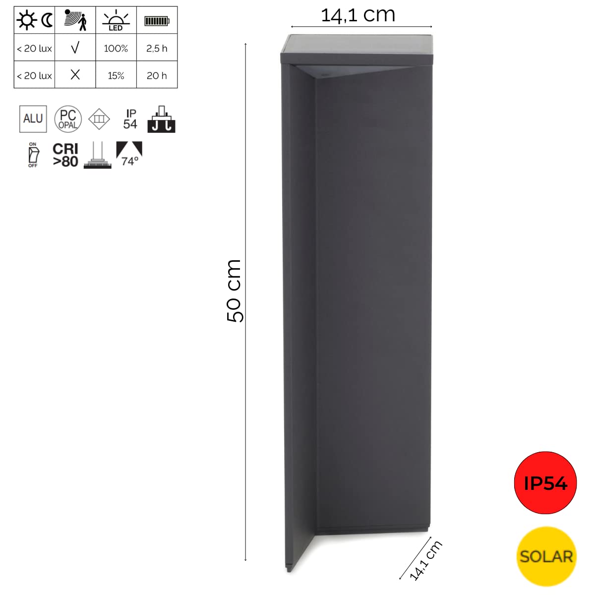 Baliza solar COMO antracita esquinera led smd 2,2W 3K para exterior IP54 (H.50cm). Ideal para iluminar zonas de paso, caminos y zonas ajardinadas.