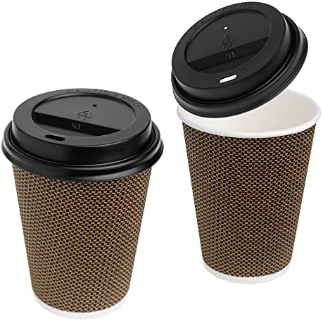 STACKABLES 60 Pack Triple Wall 12oz Disposable Paper Cups with Lids Coffee Cups with Lids Dark Brown Cup for Hot Coffee, Tea & Cold Drinks (12oz, Pack of 60)