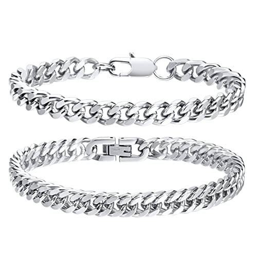 VNOX 2 Pcs Chain Bracelet for Men Women - Sturdy Stainless Steel Curb Width Cuban Link Chain Bracelet Set for Men Women,6.5/7/7.4/8.2/9 Inches 7.0 Inches 2 Pcs-Silver Cuban Link