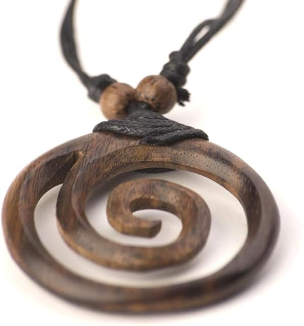 81stgeneration Large Brown Wood Spiral Pendant - Wooden Handmade Necklaces with Black Cord - Round Tribal Adjustable Pendant Necklace - Hippie Costume Jewellery - Boho Ladies Gifts