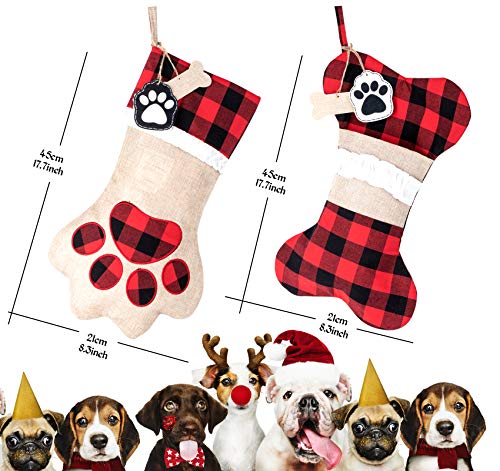 ABSOFINE Pet Christmas Stockings Dog Cat Paw 18" Puppy Stockings Hanging Christmas Decorations, Plaid Burlap Large Xmas Stockings, Set of 2 - Image 3