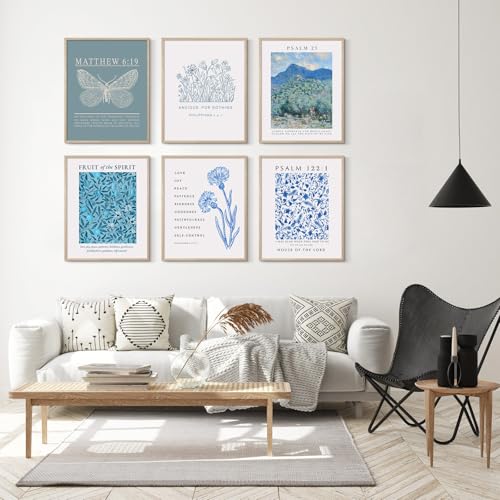 Image of Habseligkeit Blue Butterfly Wall Art Prints, Retro Flower Wall Decors for Room Aesthtic, Abstract Posters for Girls Bedroom Decor Aesthetic Unframed, 8X10in, Set of 6