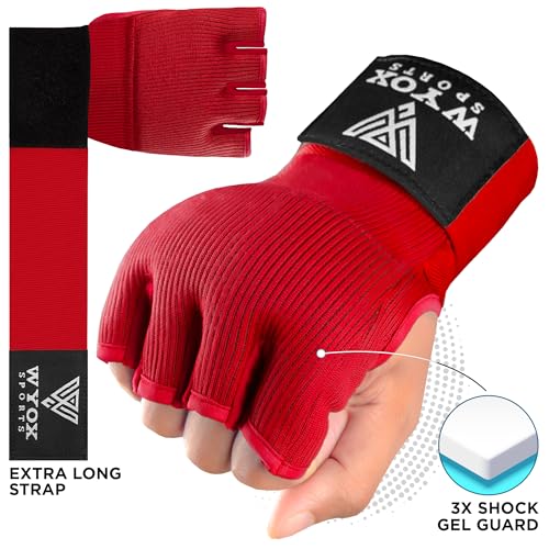 Image of WYOX Gel Boxing Hand Wraps Inner Gloves for Men & Women - 80cm /31inch Quick Wrist Strap, Padded Knuckle Support, Fingerless MMA Muay Thai Kickboxing Wraps for Training, Punching & Martial Arts