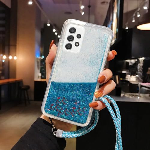 Coque silicone liquide Samsung A04e bleue pailletée avec lanière