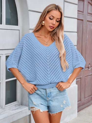 Image of Libsorge Womens Sexy V Neck 3 /4 Sleeve Sweater Spring 2025 Trendy Dressy Casual Outfits Lightweight Crochet Knit Pullover Top