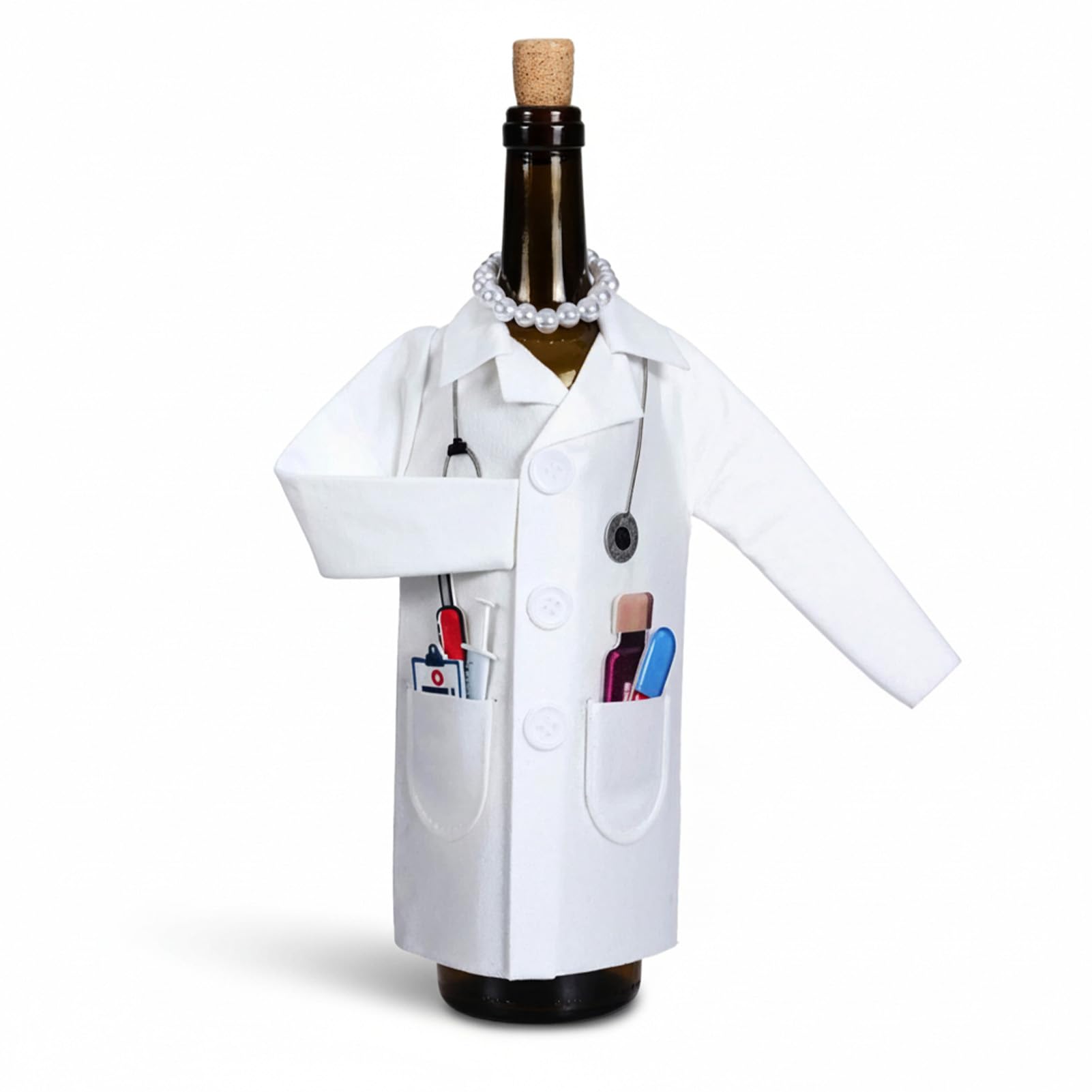 White Coat Wine Bottle Clothes, White Coat Ceremony Gifts, Felt Bottle Wrapping Cover with Necklace, Nurse Practitioner Gifts for Graduation Party