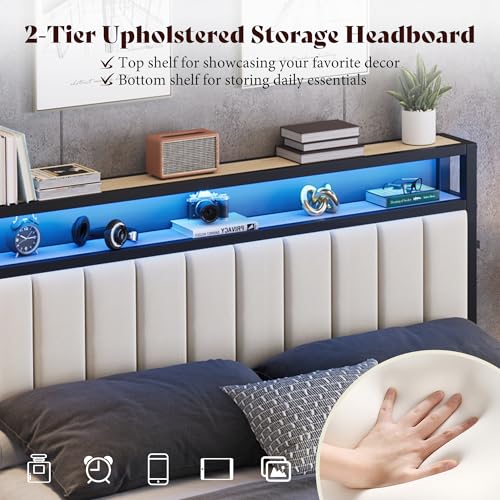 Image of AMERLIFE Queen Bed Frame with LED Light and 2 Storage Drawers, Metal Platform Bed with Storage Headboard, Velvet Upholstered, Heavy-Duty Slats, No Box Spring Needed, Easy Assembly, White