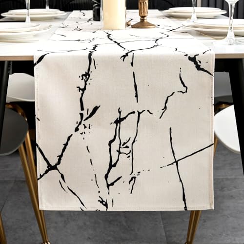 ViaElayu Chemin de Table Blanc et Noir Printemps Moderne Marbre Texture Rétro Style Décoratif pour Fêtes Célébrations Mariages Anniversaire Célébrations...