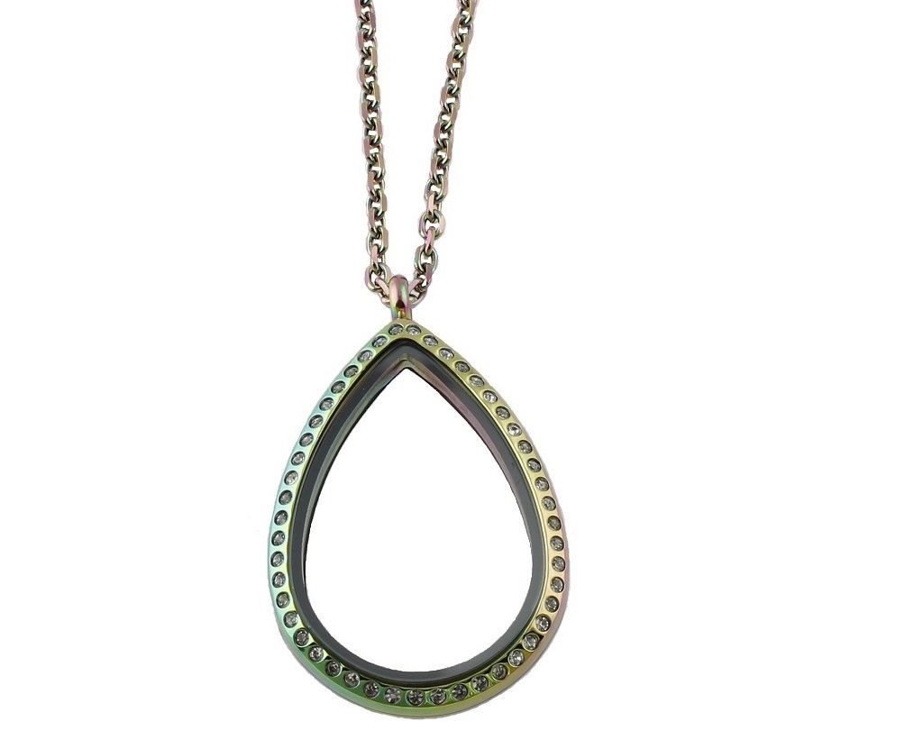 Rainbow Finish Crystal Teardrop Stainless Steel Floating Charm Locket Necklace