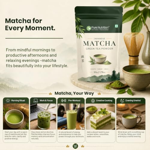 Image of Pure Nutrition Japanese Matcha Green Tea Powder | Matcha Green Tea for Weight Loss | Premium Culinary Grade Matcha for Latte, Smoothie & Baking | Smooth, Vibrant, Rich in Antioxidants | Natural Energy & Metabolism Support | Vegetarian (50g (Pack of 1))