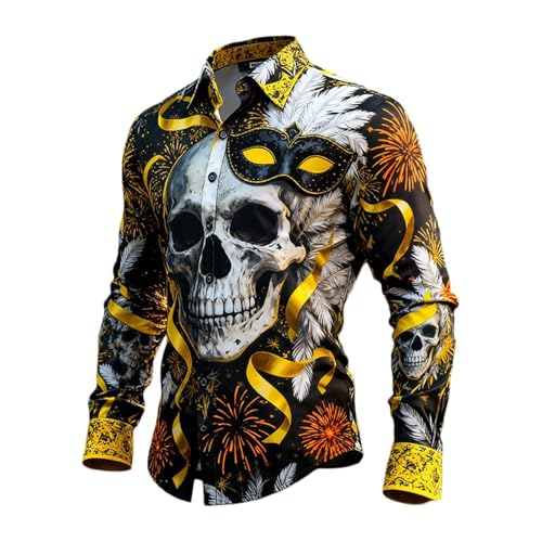 Générique Men's Long Sleeve Shirt Skull Print Shirt Punk Gothic Shirt with Buttons Long Sleeve T-Shirt Carnival Skull Coat Medieval Pirate Costume Casual Style, coffee, 3XL
