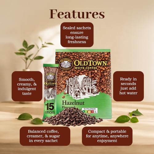 Image of Old Town White Coffee Hazelnut 3 in 1 Instant Premix White Coffee 15 Stick (15 X 31.6g), Packet 474g (Pack of 2)