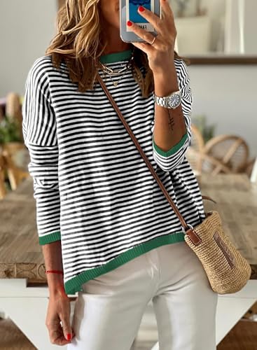 Image of Womens Striped Lightweight Cotton Sweaters Long Sleeve Crew Neck Color Block Casual Knitted Pullover Tops