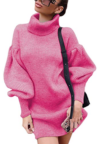 HAPCOPE Women's Loose Turtleneck Lantern Long Sleeve Sweater Dress Rose Red L