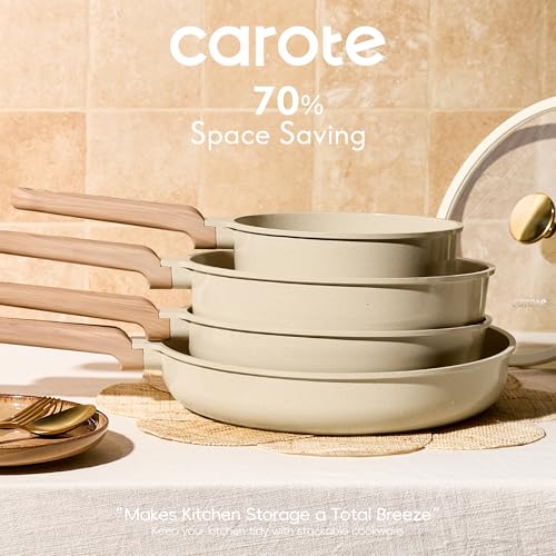CAROTE Pots and Pans Set Non stick, Ceramic Cookware Set 14Pcs, Non-toxic Kitchen Cooking Set, PFAS and PFOA Free