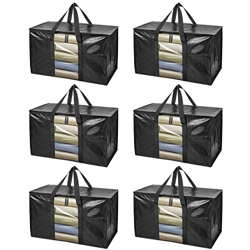 Image of BALEINE 6-Pack Oversized Moving Bags with Reinforced Handles, Heavy-Duty Storage Tote Moving Supplies for Packaging, Camping (Black w /Window, 6-Pack)