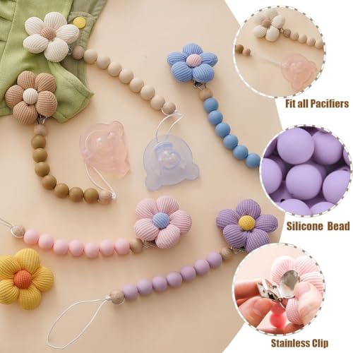 2pcs Flower Pacifier Clip, Silicone Bead Pacifier Clip for Baby Girls and Boys with Beige Brown Color Daisy Birthday Christmas Gift