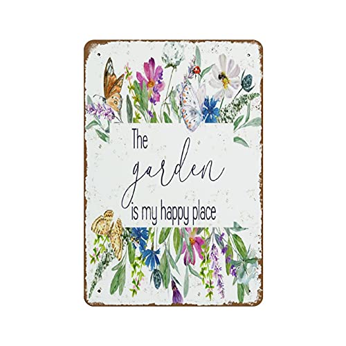 The Garden Is My Happy Place Home Gardening Sign Watercolor Flowers She Shed Sign Greenhouse Art Decor Novelty Retro Metal Tin Sign Plaque Bar Pub Club Cafe Home decor Plate Wall Art Sign 8"x12"