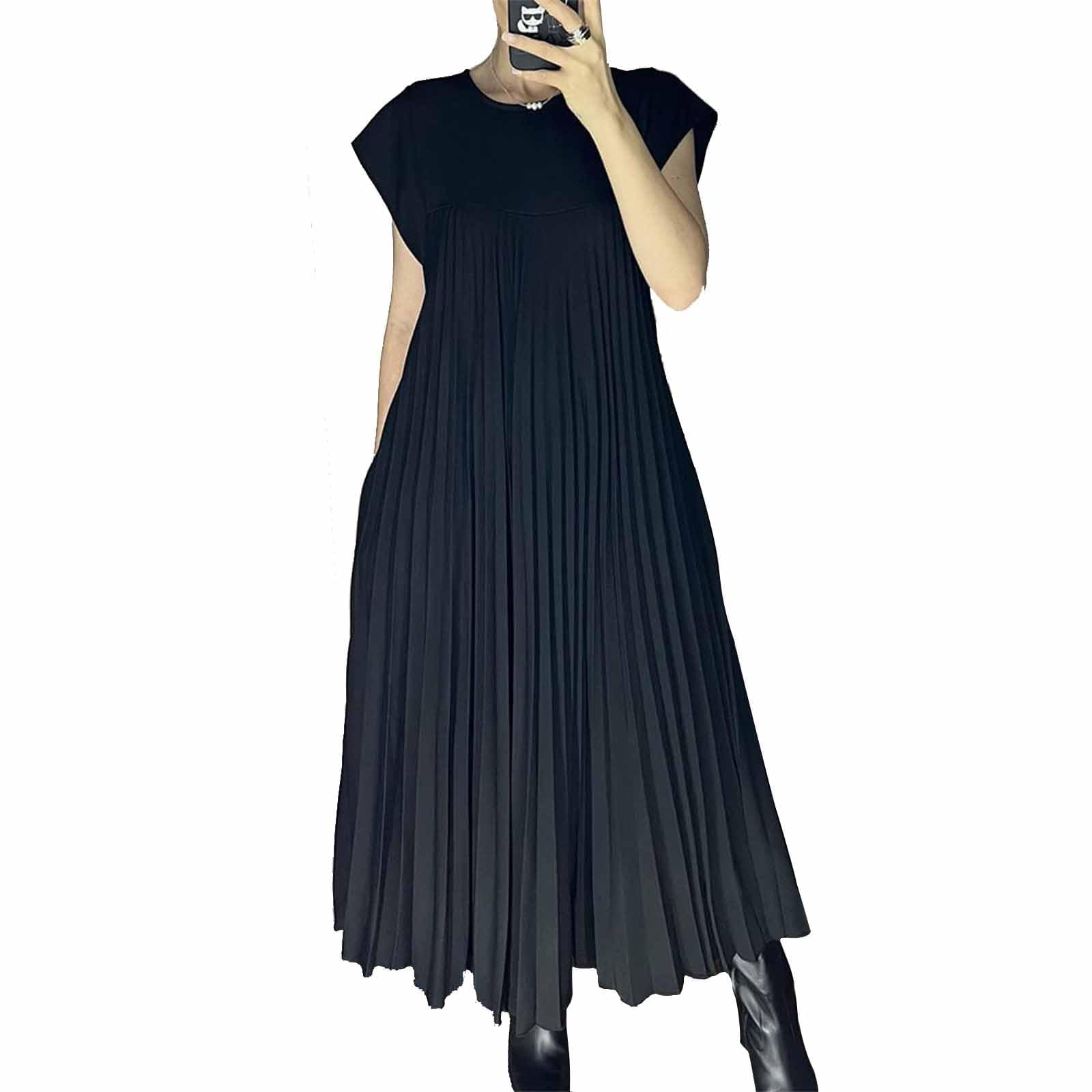 LZIALBM Women's Summer Pleated Maxi Dress 2024 Casual Cap Sleeve Loose Fit Flowy Long Dresses with Pockets