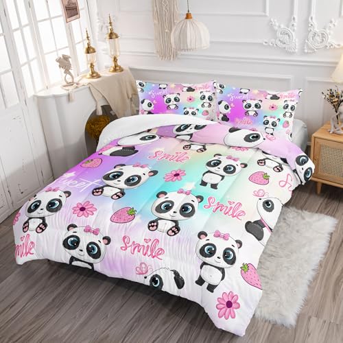 Image of AILONEN Cute Panda Comforter Set Twin Size, Cartoon Animal Panda Bedding Set for Kids Girls,Flower Strawberry Duvet Set 3Pcs for Bedroom Decor,1 Quilt and 2 Pillowcases,Soft