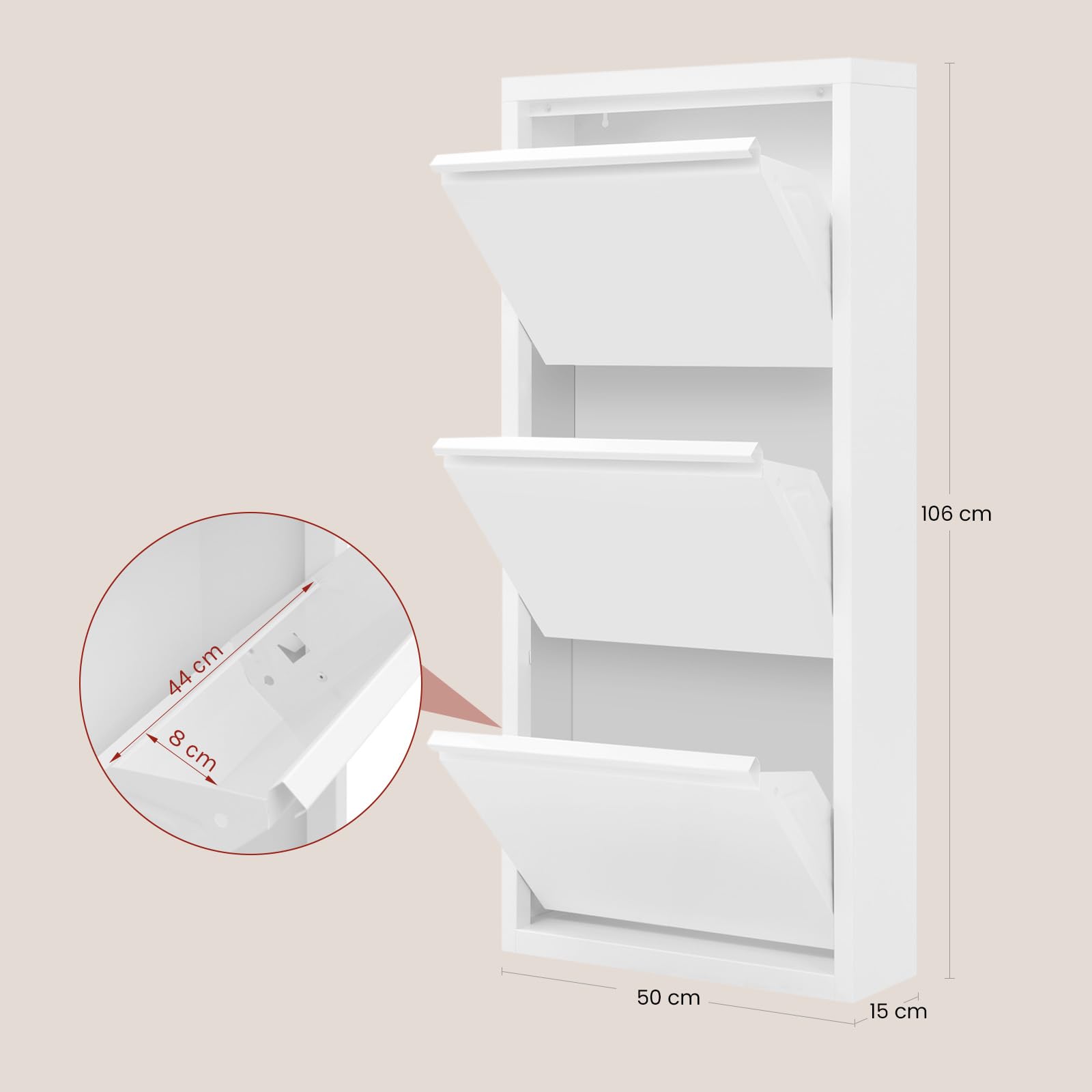 WOLTU Zapatero Entrada Recibidor, con 3 Cajones Abatibles, Mueble Recibidor, Organizador para Zapatos, Metal, Ahorro de Espacio, Blanco, 50x15x106 cm