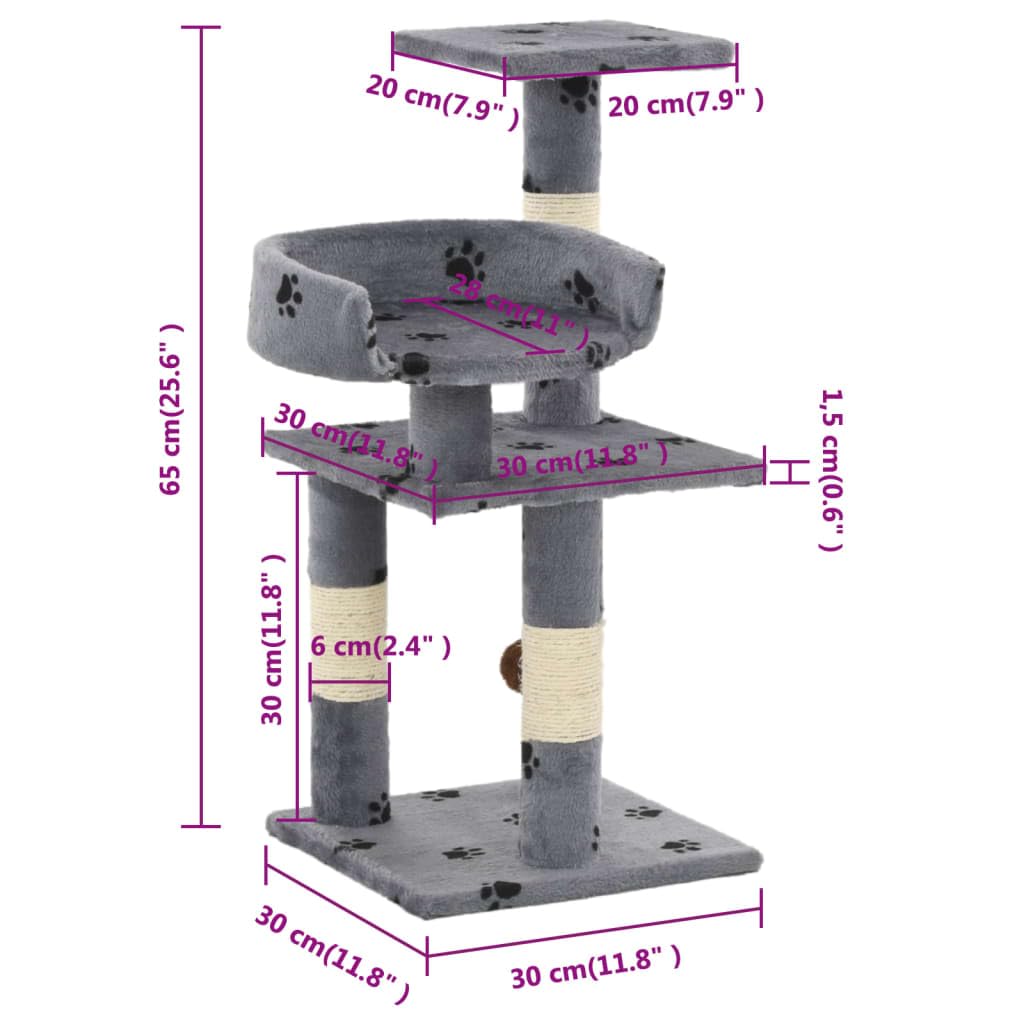 Katzenkratzbaum klein 65cm Kratzbaum für Katzen stabil Kletterbaum mit Sisalstamm Spielball und Aussichtsplattform Kratzmöbel für Wohnung Kratzpfahl Katzenzubehör Grau Pfoten-Muster