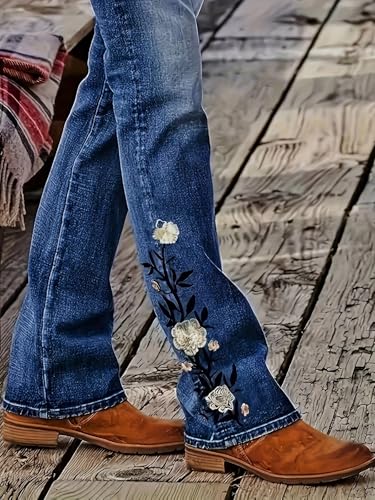 Women's Flower Embroidered High Stretch Jeans High Waistband Pocket Slim Fit Flared Jeans3
