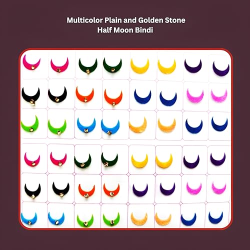 Image of Sunaina Designer Traditional Half Moon Bindi for Women & Girls, Multicolor, Plain Velvet & Golden Stone, Mix Size, Bridal Collection, 372 Bindis in a Book