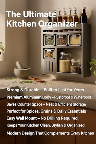 Image of Kitchen Spice Rack, Kitchen Organizer and Storage Rack, Spice Organization for Cabinets Punch-free Wall /Countertop Home Decor Multifunctional Double Layer 4 Grid Condiment Rack, Gray