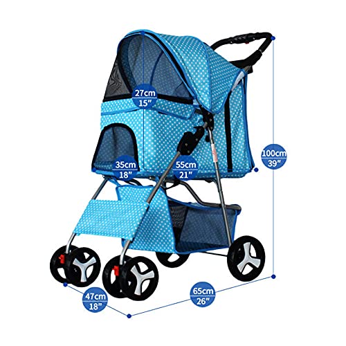 Foldable Pet Stroller 4 Wheeler, Detachable Travel Carrier for Small Dog Cat, Light Weight and Easy to Walk Folding Travel Carrier for Small Pets (Blue-White)