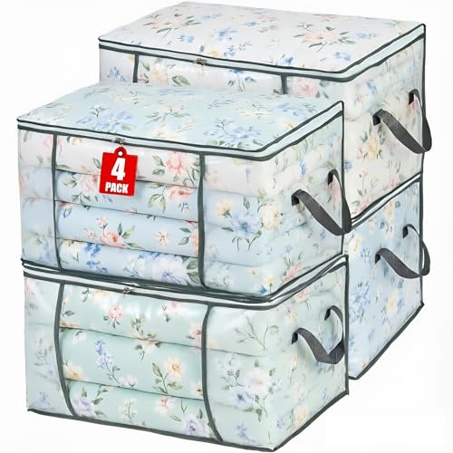 4個セット 80L 大容量 収納袋 透明 衣類収納 布団ケース ベッド下収納 押入れ収納 羽毛布団 毛布 枕 収納バッグ 取っ手付き ファスナー付き 折りたたみ式 洗濯可能 (長 60cm × 幅 37cm × 高 35cm)