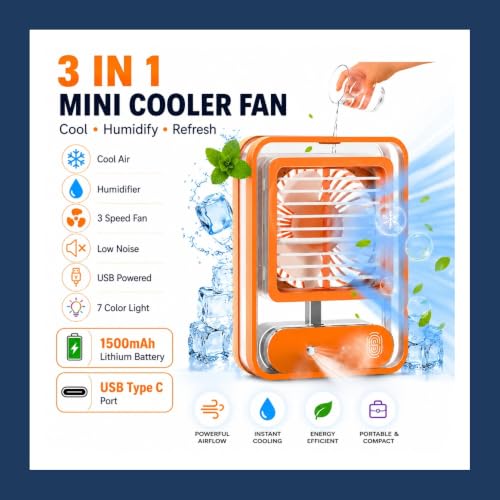 Image of Rechargeable Mini Cooler Fan, USB Type-C, 1500mAh Battery, 3 Speed,Portable Mist Spray,Colour Light Modes for Office,Home,Bedroom - 2026