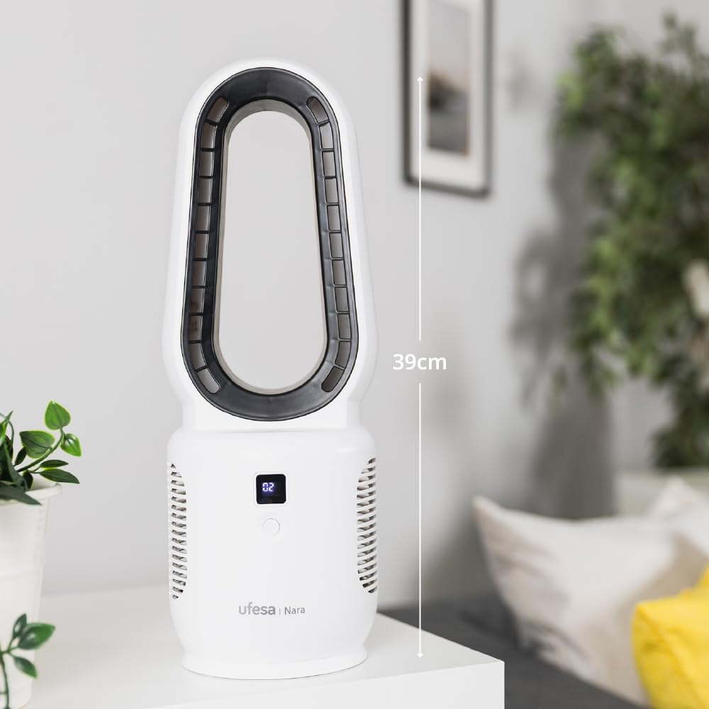 Ufesa Wentylator stołowy bez łopatek Nara, możliwość ponownego ładowania, 10 W, USB‑C, 3 prędkości, wyświetlacz LED, akumulator 2200 mAh, zasilanie z kablem lub bez, szybkie ładowanie, kompaktowy