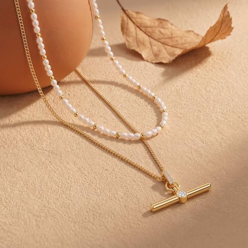 Image of Jeulia Layered Necklaces for Women Trendy Retro T Bar Pendant Pearl Necklaces Stack Trendy Pendant Necklaces Dainty Chain Choker Necklaces for Jewelry Birthday Gifts