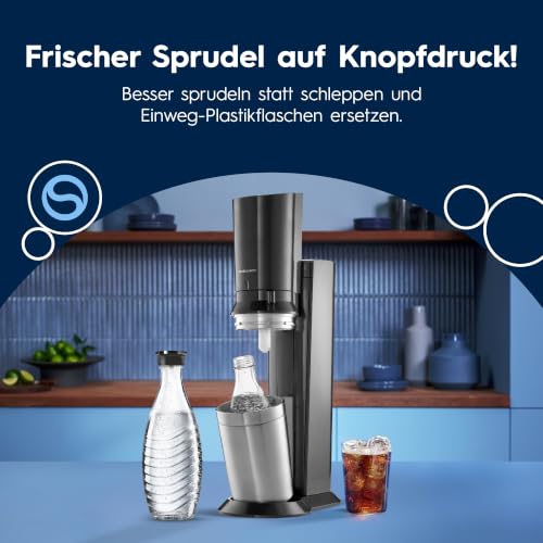 SodaStream Crystal 3.0 Wassersprudler mit Glaskaraffe, Sprudelwasser-Maschine mit Quick-Connect CO2-Zylinder, inkl. 2 spülmaschinenfesten Glaskaraffen je 0,7 L, Grau