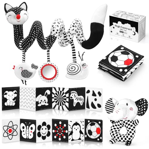 Image of AJsupojouet High Contrast Black and White Baby Toys 3-Piece Newborn Essentials Set with Hanging Toys,Rattle Crib Mobile,baby Book & Car Seat Stroller Toys for 0-3-6-12 Months Infant Development