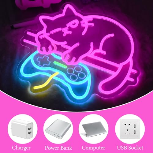Image of Game Cat Neon Sign, Gamer Neon Signs for Wall Decor, Pink Cat Gamepad Shape LED Light Sign Dimmable Light Up Signs for Game Room Bedroom Cat Lovers and Gamers