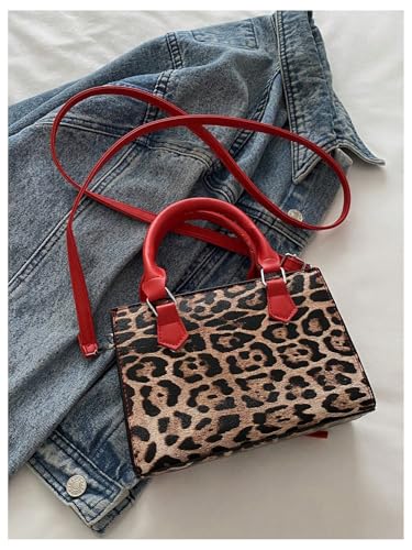 Image of RoseSeek Women's Y2K Leopard Print Lace Up Satchel Handbag Zipper Double Handle Mini Shoulder Bag