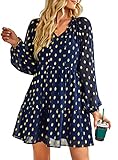 KIRUNDO Women's 2024 Fall Long Sleeve Gold Polka Dot Cute Babydoll Dress Casual V Neck Loose Tiered Flowy Mini Dress(Navy, Medium)