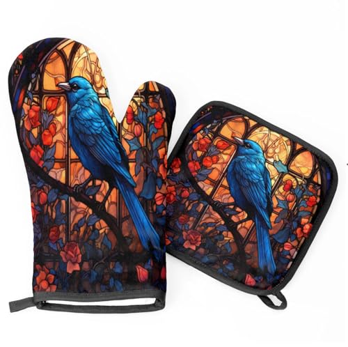 Window Flowers Bird Oven Mitts Kitchen Oven Gloves for Cooking Baking Heat Proof Lining Cotton Kitchen Potholder Mittens Pot Holders Hot Pads for Chef Women Men