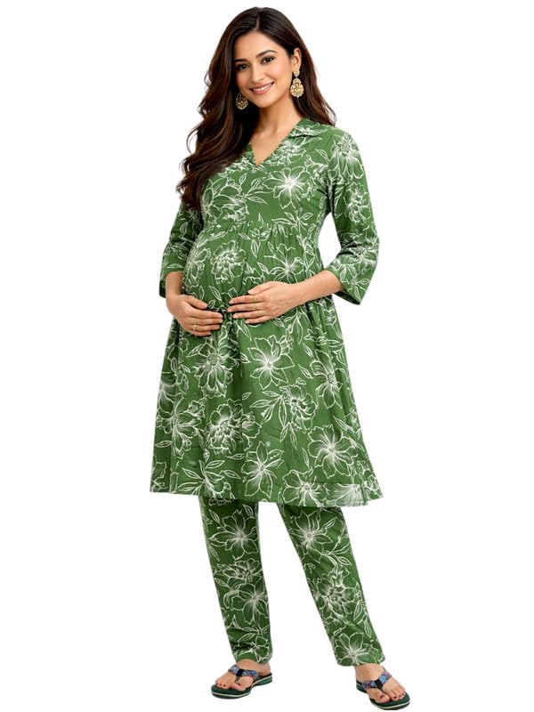Image of RITIJYA Pure Cotton Feeding Kurta Pant Set for Women | Floral Anarkali Pregnancy Dress with Concealed Nursing Zipper Side Pocket | Pre & Post Partum | Maternity Dresses | Baby Shower Outfit